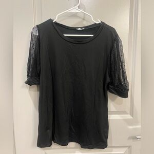 Les Amis - Black 1/2 Sleeve Top with Sheer Sleeves that include Polka Dot detail